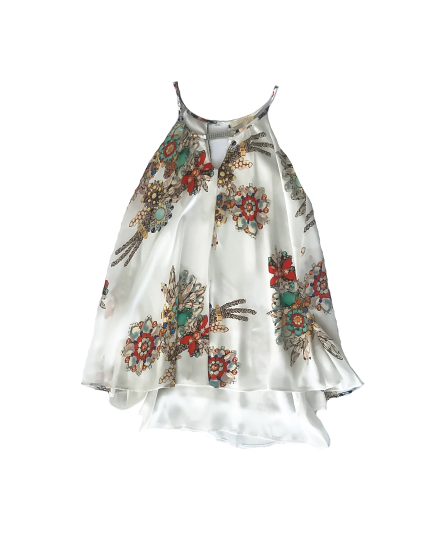 14.4.10.SC016 Vestido blanco estampado con flores y brillos en el cuello detalles verano fino vestido fiesta simples